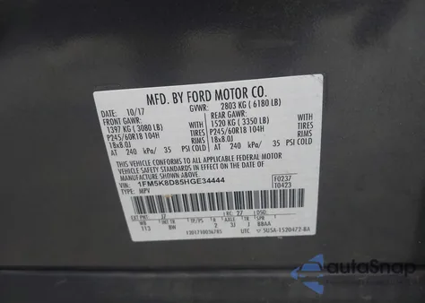 2017 Ford Explorer Xlt из США, поврежденный, VIN 1FM5K8D85HGE34444